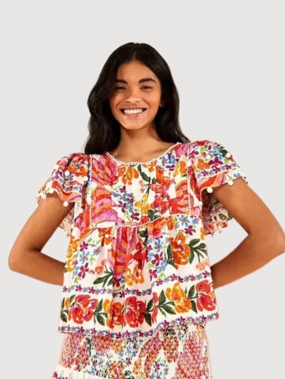 Farm Rio Women's Spring Bananas Pintucked Floral Pom Pom Flutter Sleeve Blouse S